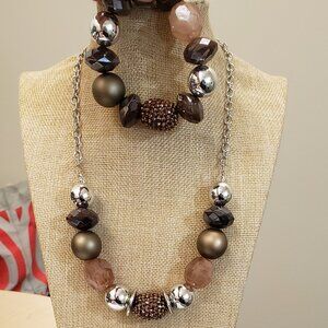 Brown silver tone chunky ball bead fashion necklace & stretch bracelet set, NWOT